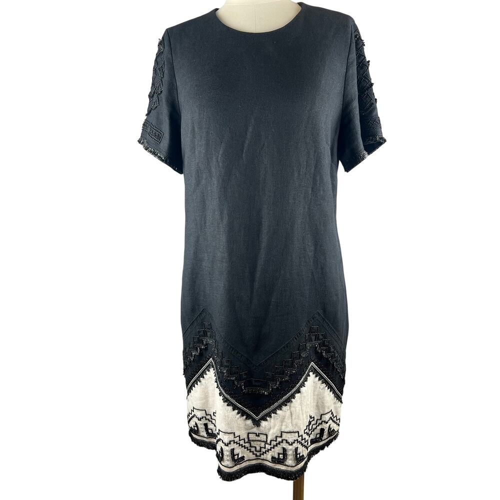 Kobi Halperin 100% Linen Embroidered Shift Dress Black White Size L Boho Chic